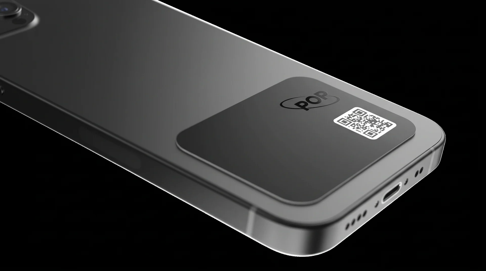 Black POP Phone Card positioned on the back of a smartphone